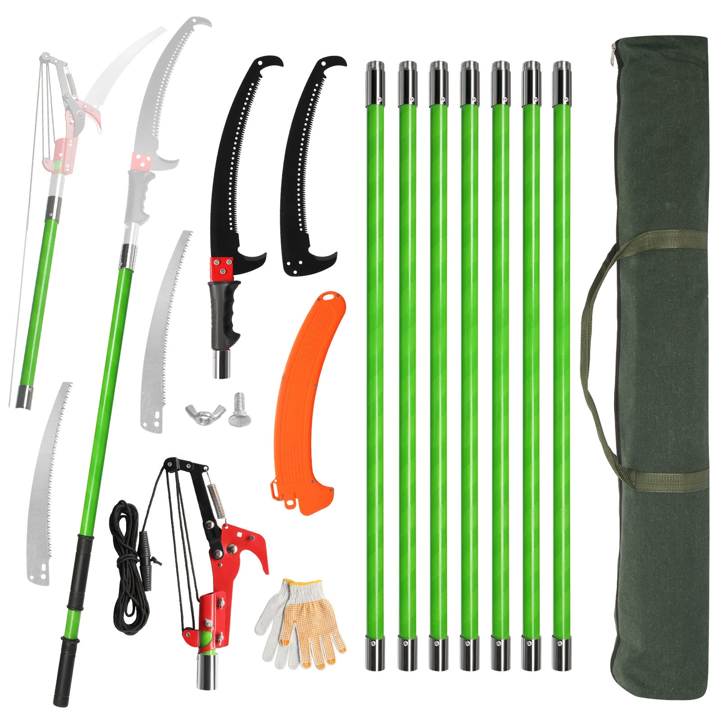30ft Green Manual Trimmer Pole Saw Spiral Splicing With Portable Bag Fiberglass Pole Tool